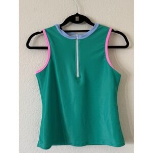 LainSnow Ribbed Green Zip Neck Sleeveless Athletic Swim Top Women Medium